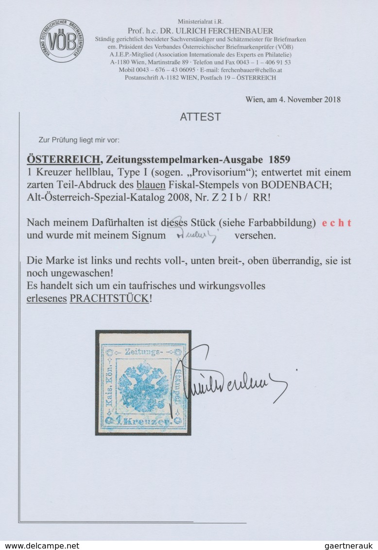 Österreich - Zeitungsstempelmarken: 1859, 1 Kreuzer Hellblau, Type I (sogenanntes "Provisorium"), Al - Newspapers