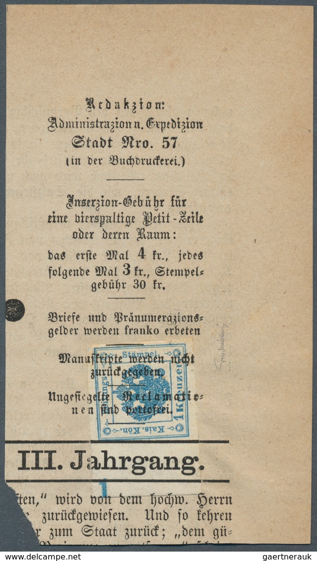 Österreich - Zeitungsstempelmarken: 1858/1859, 1 Kreuzer Blau, Type II A, Linkes Randstück (13 Mm) M - Newspapers