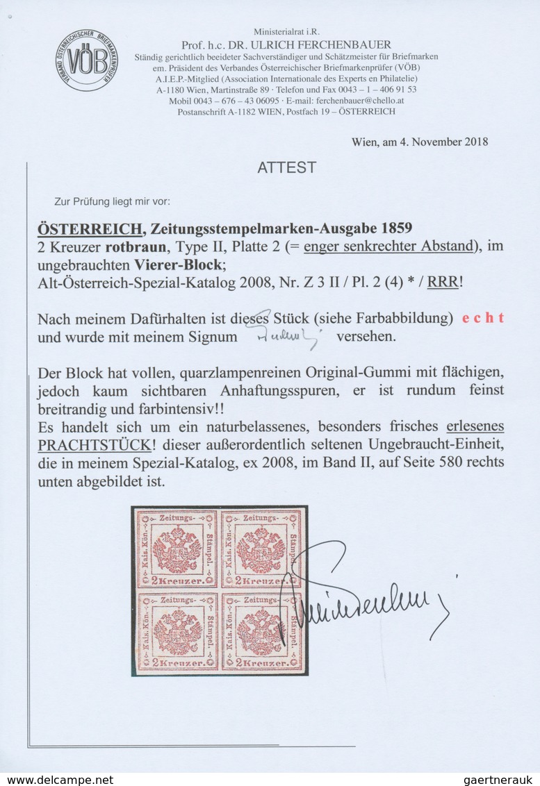 Österreich - Zeitungsstempelmarken: 1859, 2 Kreuzer Rotbraun, Type II, Platte 2 (enger Senkrechter A - Newspapers