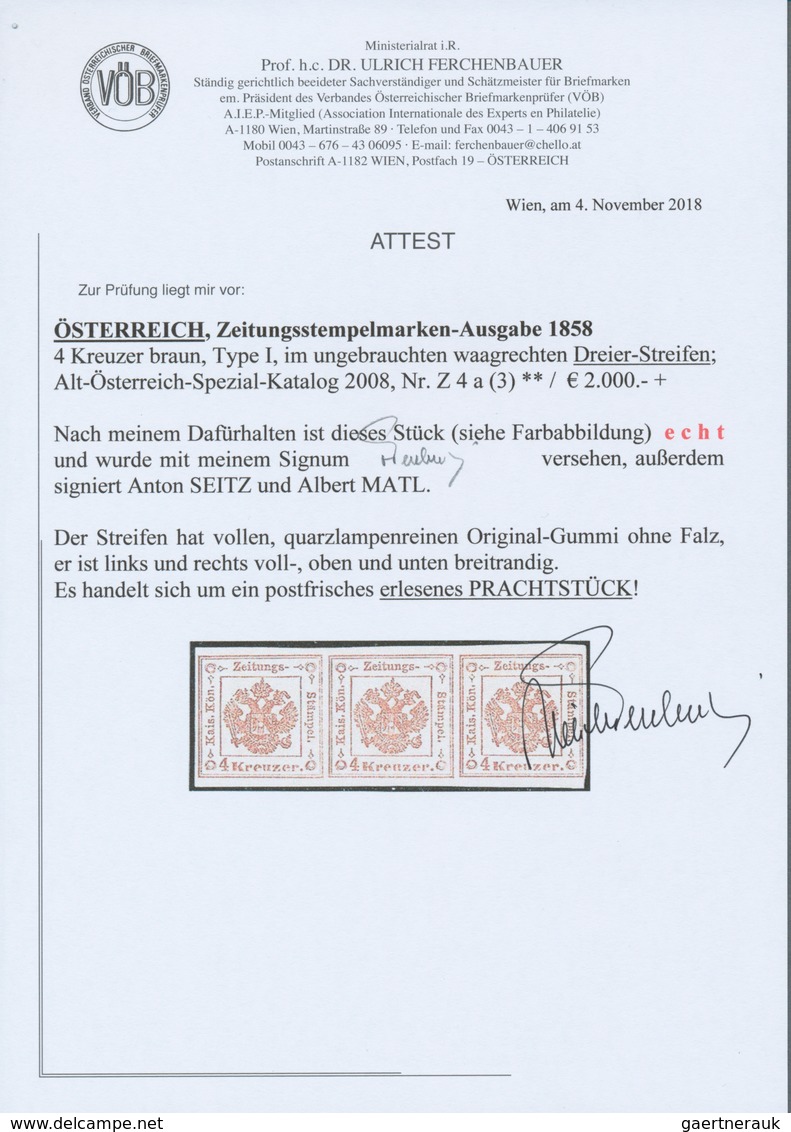 Österreich - Zeitungsstempelmarken: 1858, 4 Kreuzer Hellbraun, Waagerechter Dreierstreifen, Links Un - Newspapers