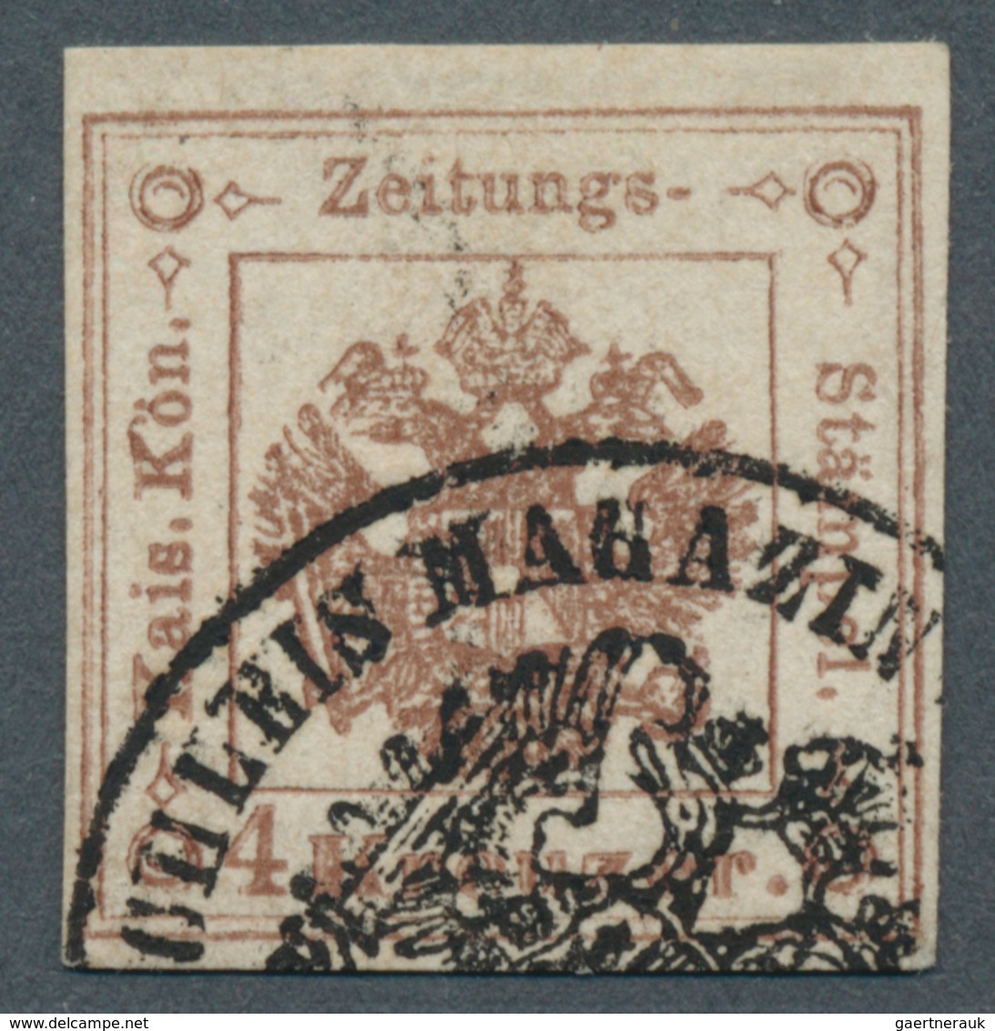 Österreich - Zeitungsstempelmarken: 1858, 4 Kreuzer Dunkelbraun, Type I, Dreiseits Vollrandig, Oben - Zeitungsmarken