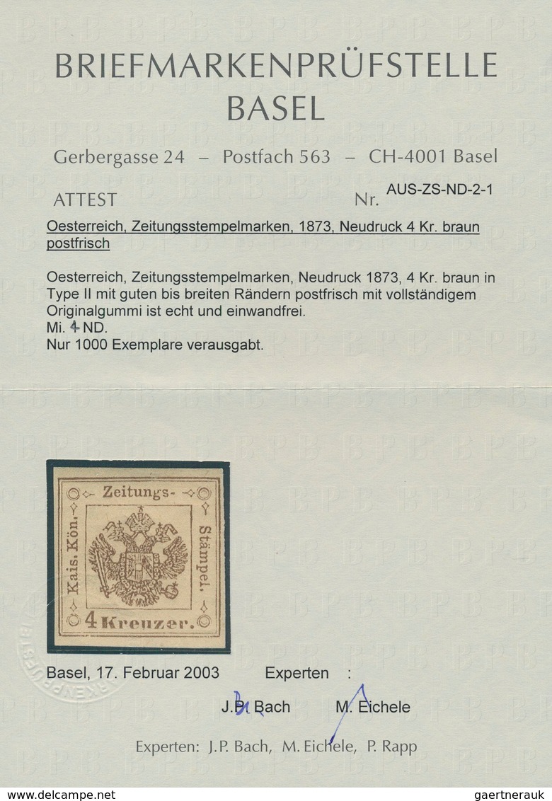 Österreich - Zeitungsstempelmarken: 1873, 4 Kr. Braun, Neudruck, Farbfrisch Und Allseits Vollrandig, - Zeitungsmarken