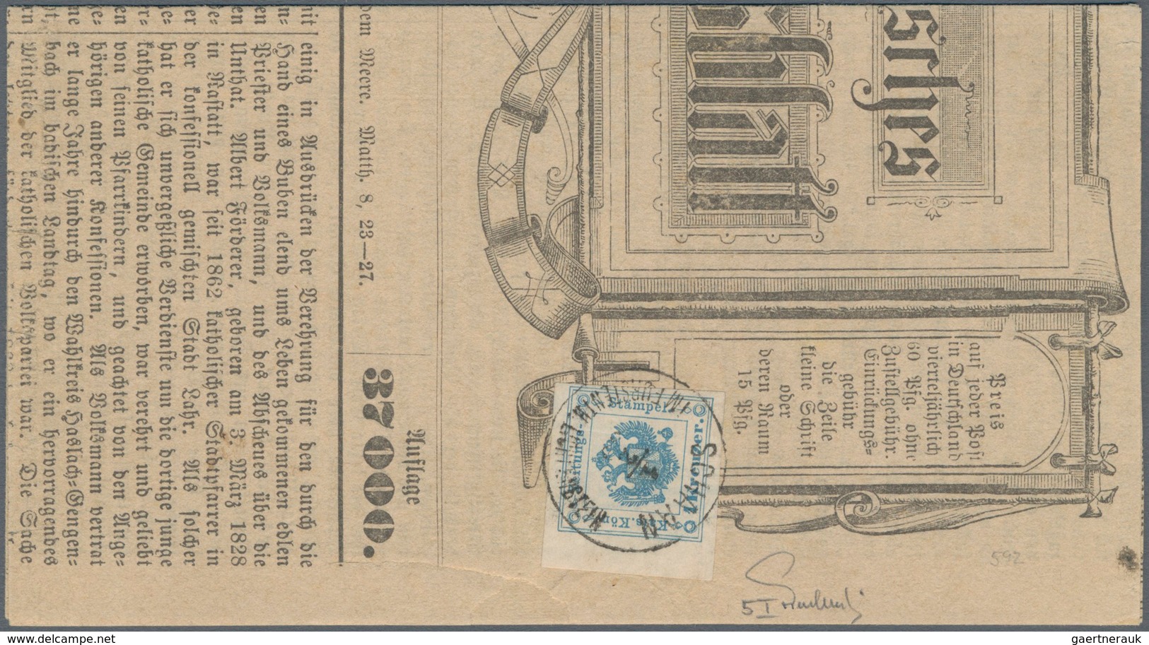 Österreich - Zeitungsstempelmarken: 1877/1889, LIECHTENSTEIN, 1 Kr Blau, Allseits Voll- Bis Riesenra - Zeitungsmarken