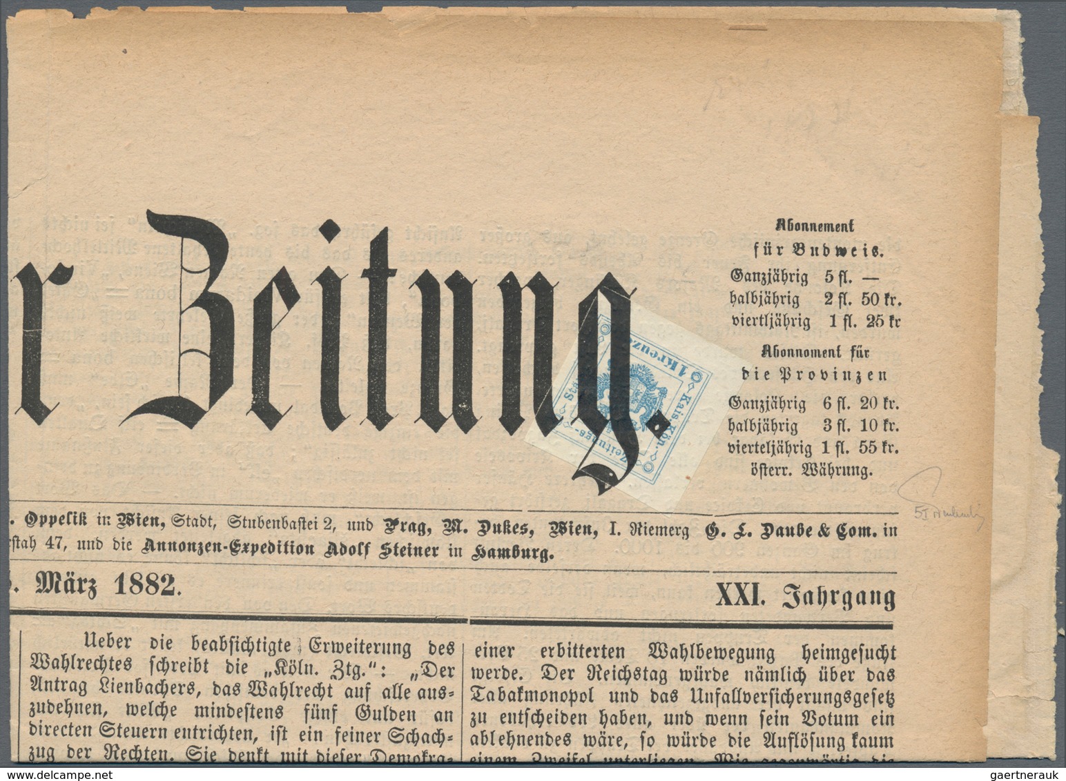 Österreich - Zeitungsstempelmarken: 1877/1889, LIECHTENSTEIN, 1 Kr Blau, Allseits Voll- Bis Riesenra - Newspapers