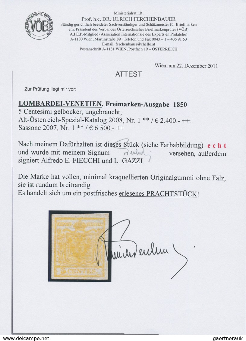 Österreich - Lombardei Und Venetien: 1850, 5 C Gelbocker, Postfrisches Ausnahme-Exemplar Mit Minimal - Lombardo-Venetien