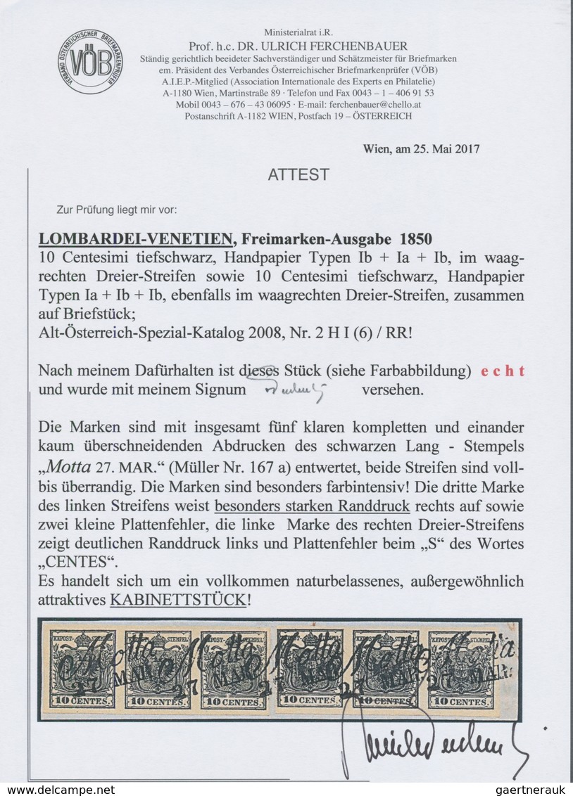 Österreich - Lombardei Und Venetien: 1850, 10 C Tiefschwarz Auf Maschinenpapier, 2 Waagerechte Dreie - Lombardo-Venetien