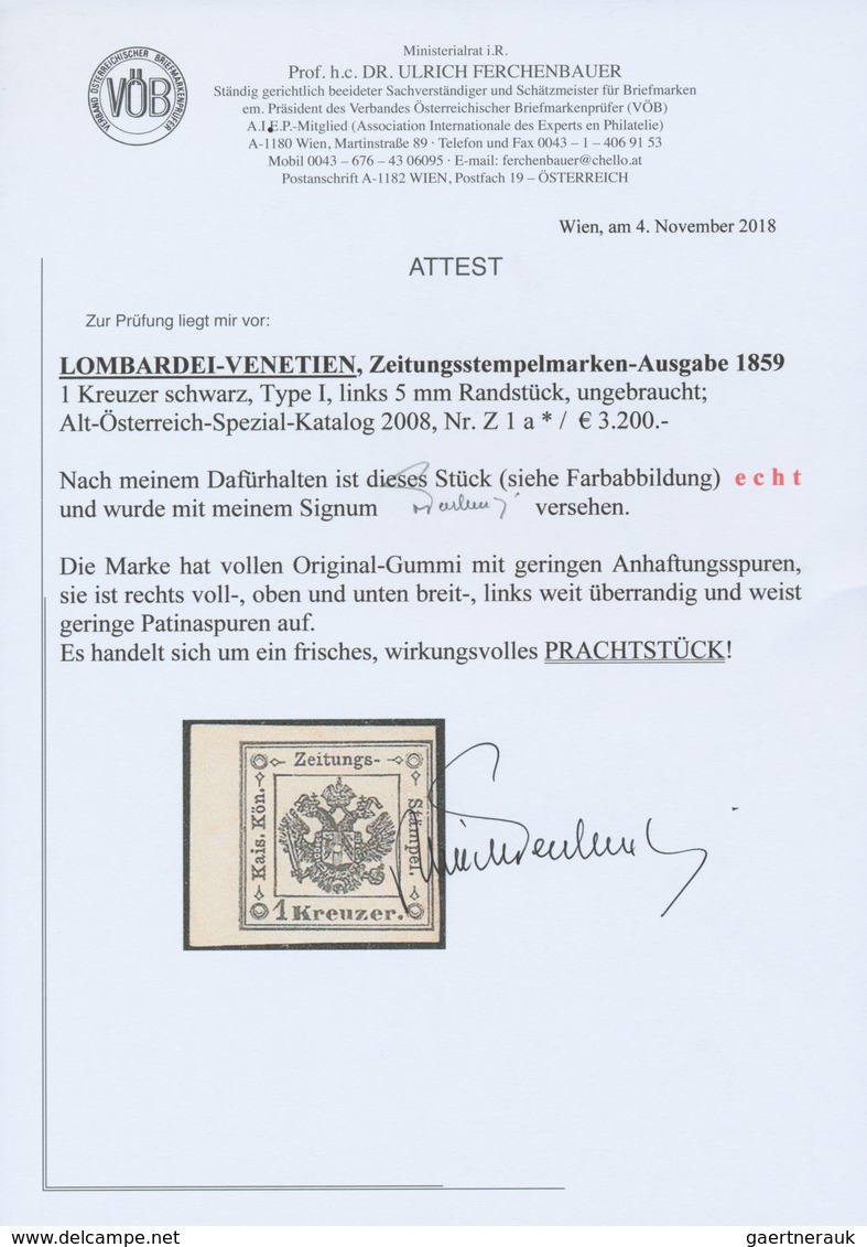 Österreich - Lombardei Und Venetien - Zeitungsstempelmarken: 1859, 1 Kreuzer Schwarz, Type I, Linkes - Lombardo-Venetien