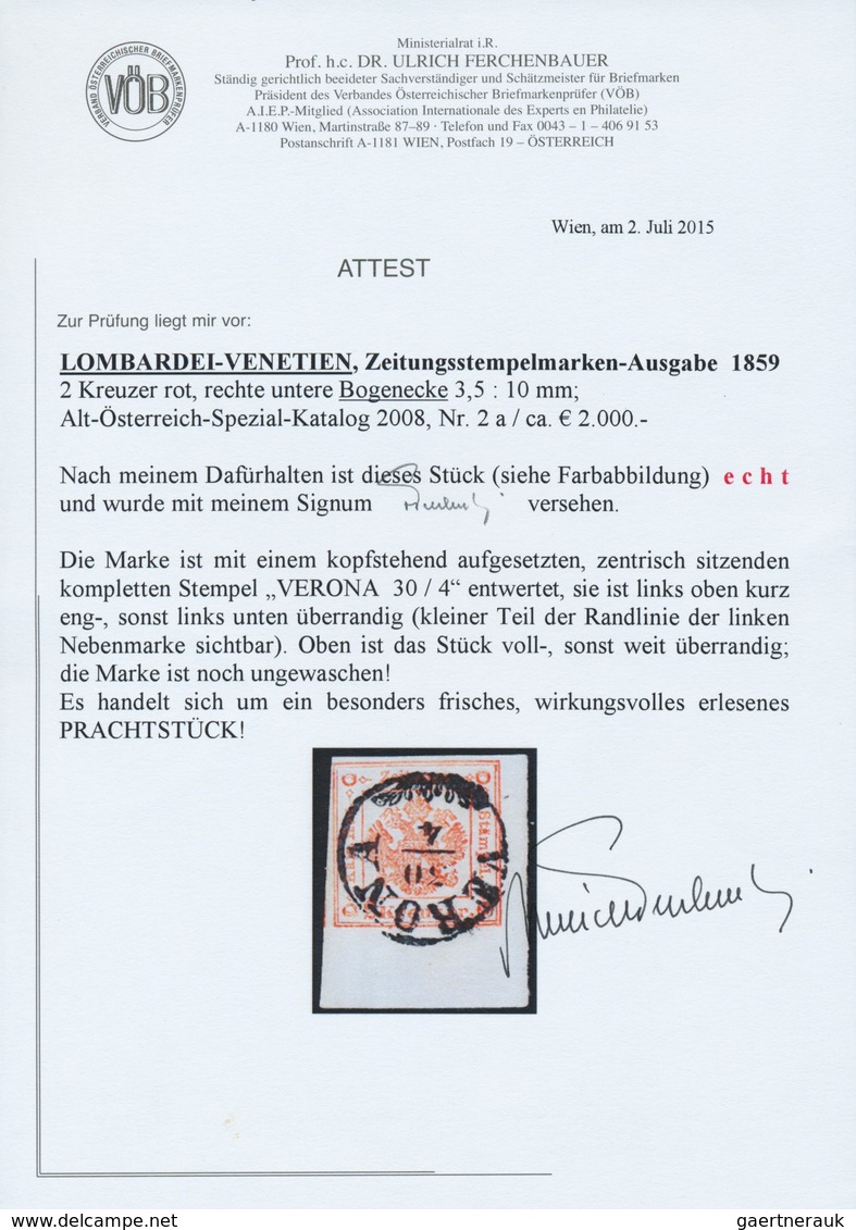 Österreich - Lombardei Und Venetien - Zeitungsstempelmarken: 1859, 2 Kreuzer Rot, Rechtes Unteres Ec - Lombardije-Venetië