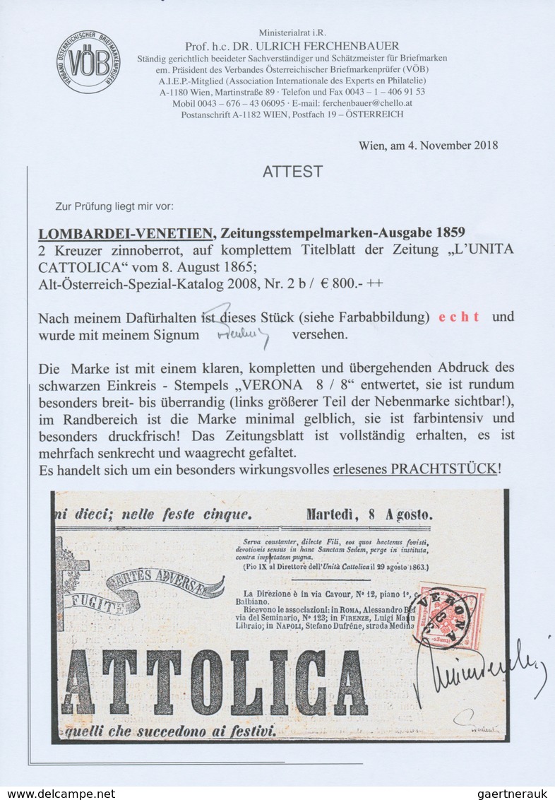 Österreich - Lombardei Und Venetien - Zeitungsstempelmarken: 1859, 2 Kreuzer Zinnoberrot, Allseits B - Lombardy-Venetia