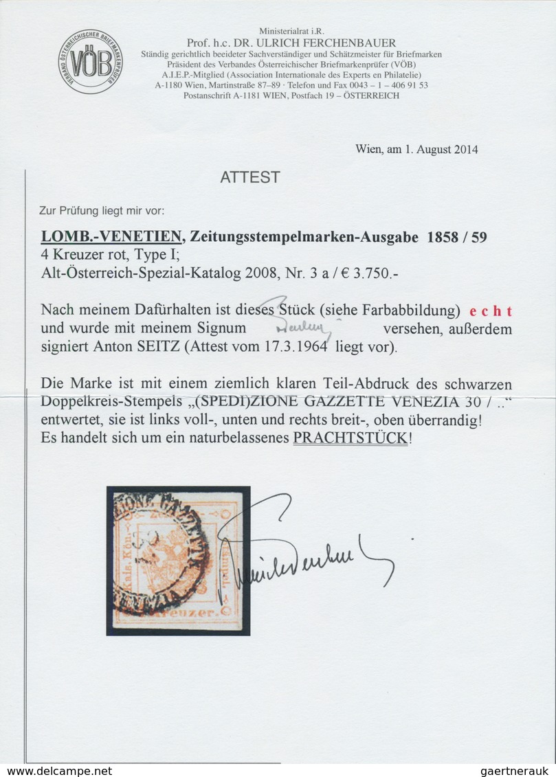 Österreich - Lombardei Und Venetien - Zeitungsstempelmarken: 1858, 4 Kr Rot, Farbfrisches, Voll- Bis - Lombardy-Venetia