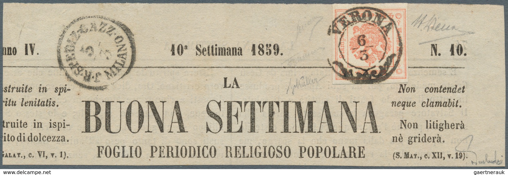 Österreich - Lombardei Und Venetien - Zeitungsstempelmarken: 1858, 4 Kreuzer Rot, Type I, Allseits B - Lombardy-Venetia