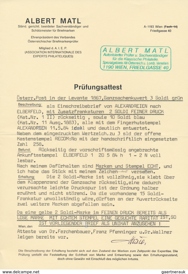 Österreichische Post In Der Levante: 1867/1883, 3 Soldi Grün Franz-Josef Ganzsachenumschlag, Rücksei - Eastern Austria