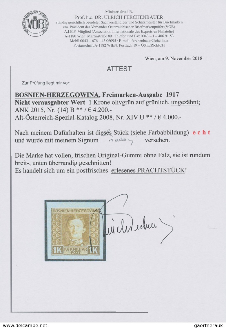 Bosnien Und Herzegowina (Österreich 1879/1918): 1918, 1 Kr. Olivgrün Auf Grünlich, Ungezähnt, Nicht - Bosnia And Herzegovina