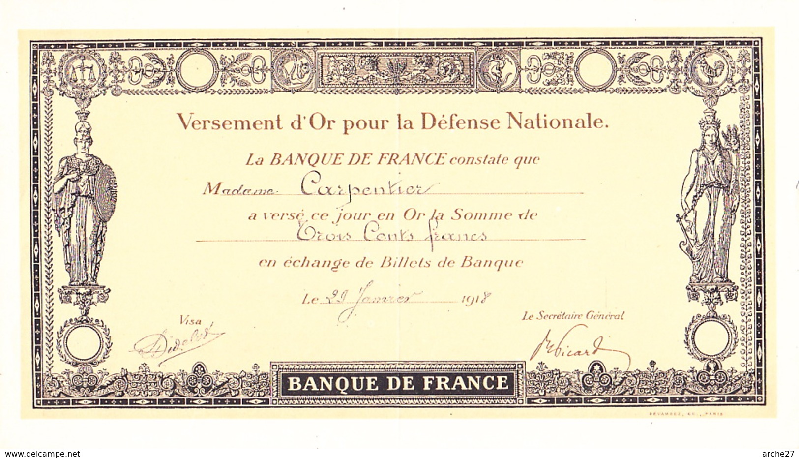 BANQUE DE FRANCE - Versement D'or Pour La Défense Nationale - 29.01.1918 - Bons & Nécessité