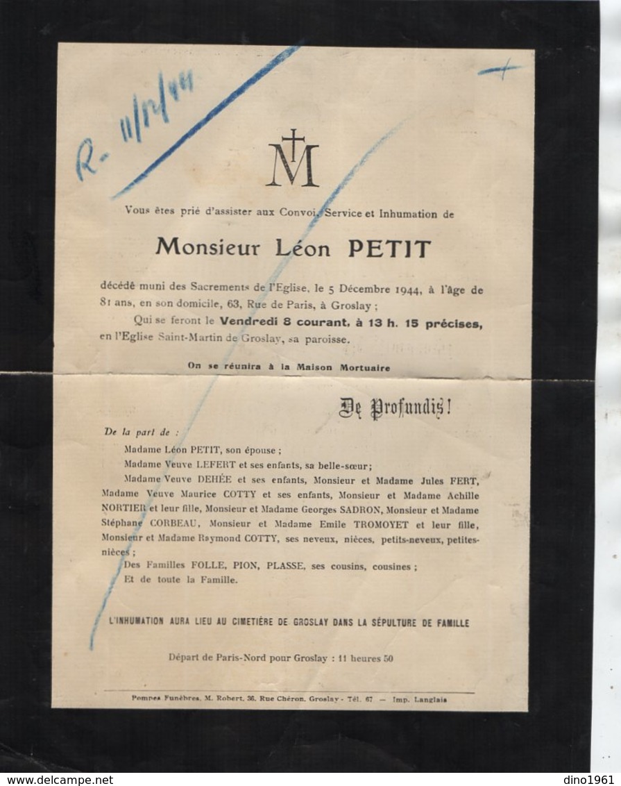 VP13.467 - GROSLAY 1944 - Faire - Part De Décès De Mr Léon PETIT - Décès