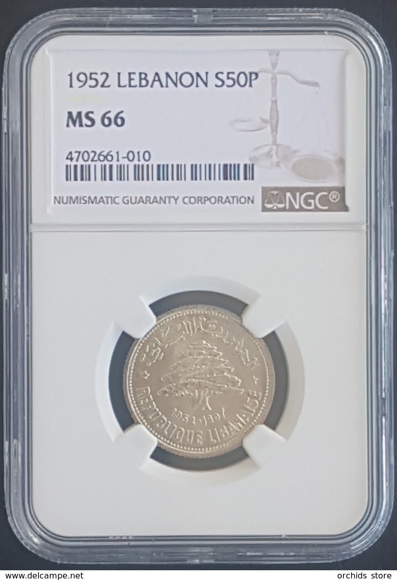 MA - Lebanon 1952 50 P SILVER Coin - NGC MS66 Uncirculated - Lebanon