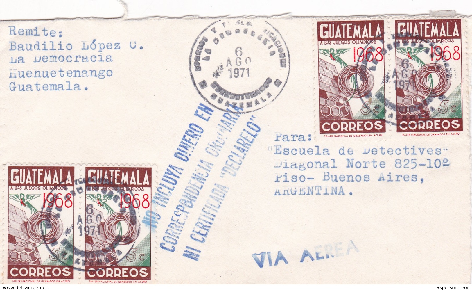 ENVELOPPE CIRCULEE 1971 GUATEMALA A ARGENTINE STAMP A PAIR AUTRES MARQUES- BLEUP - Guatemala