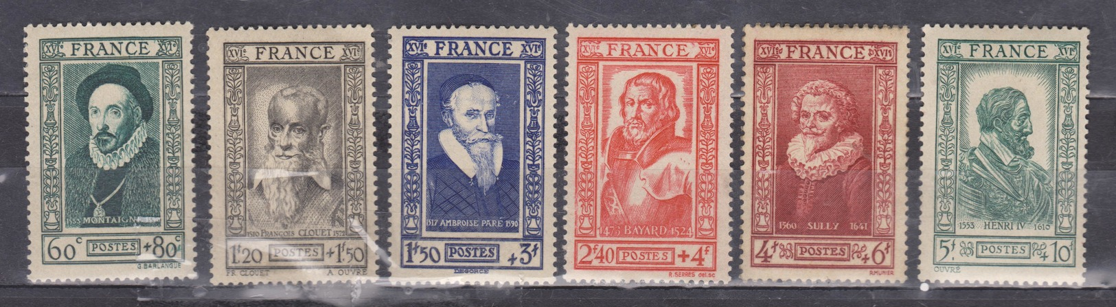 FRANCE 1943 CELEBRITIES XVI CENTURY MONTAIGNE CLOUET PARÉ TERRAIL BETHUNE HENRI IV MNH IV# 587-592 - Ongebruikt