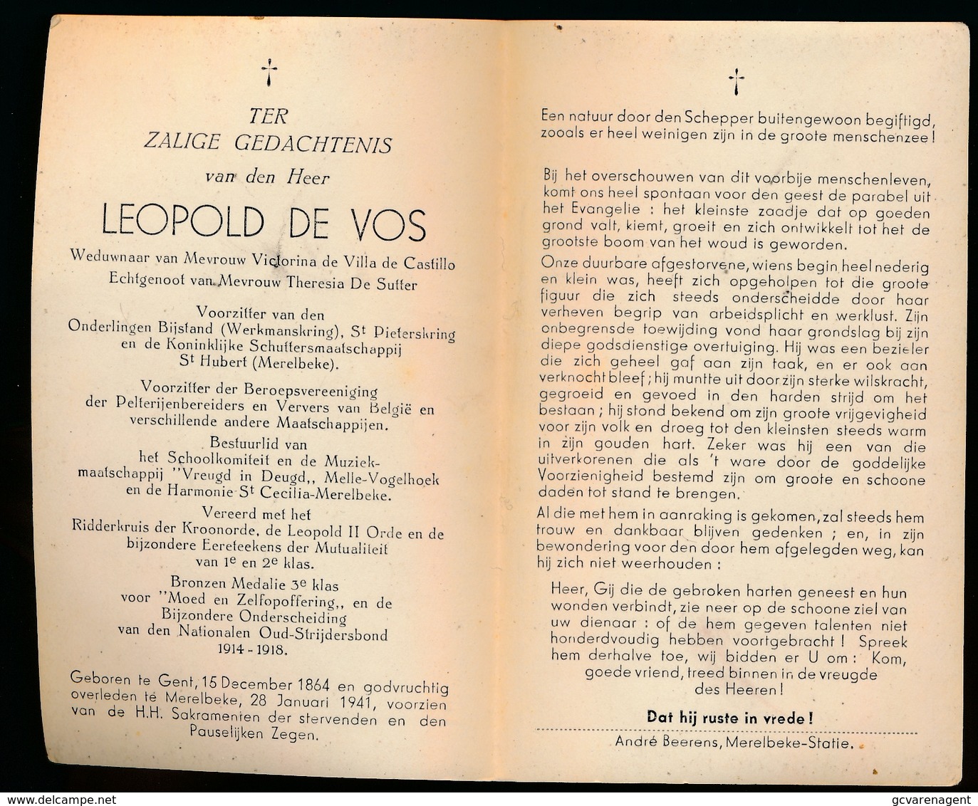 LEOPOLD DE VOS - GENT 1864 - MERELBEKE 1941   2 SCANS - Obituary Notices