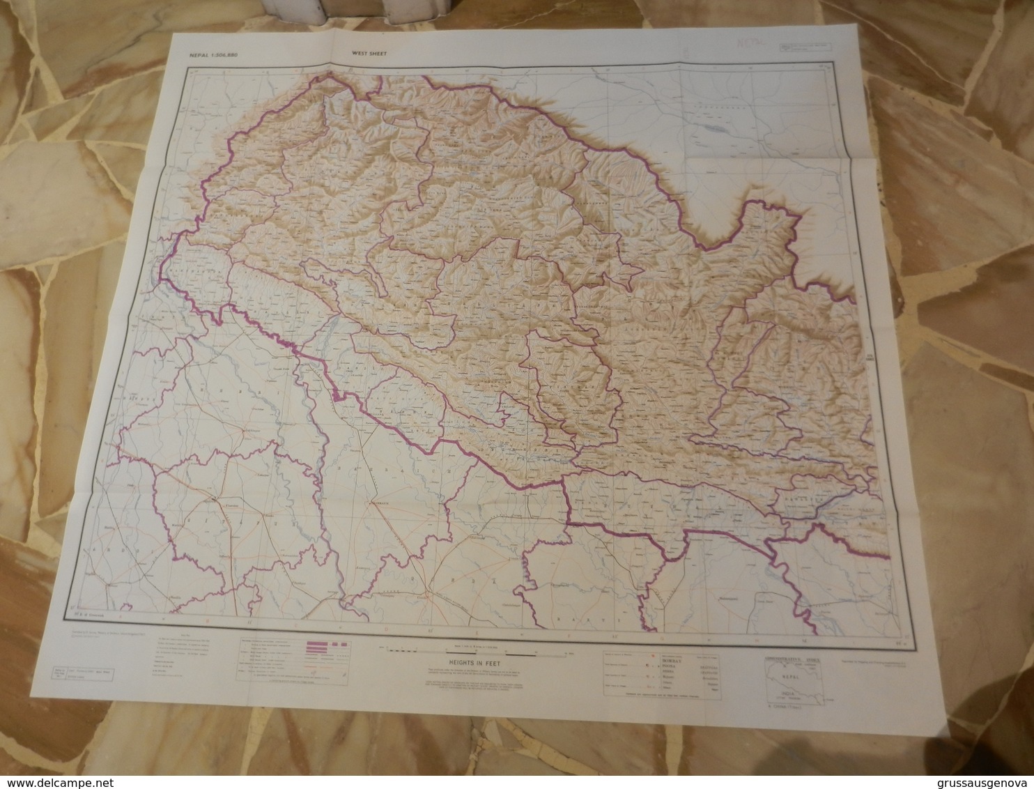 8b) NEPAL GRANDE CARTA GEOGRAFICA WEST SHEET 87 X 94 Cm DATATA 1967 PESO 85 GRAMMI - Carte Topografiche