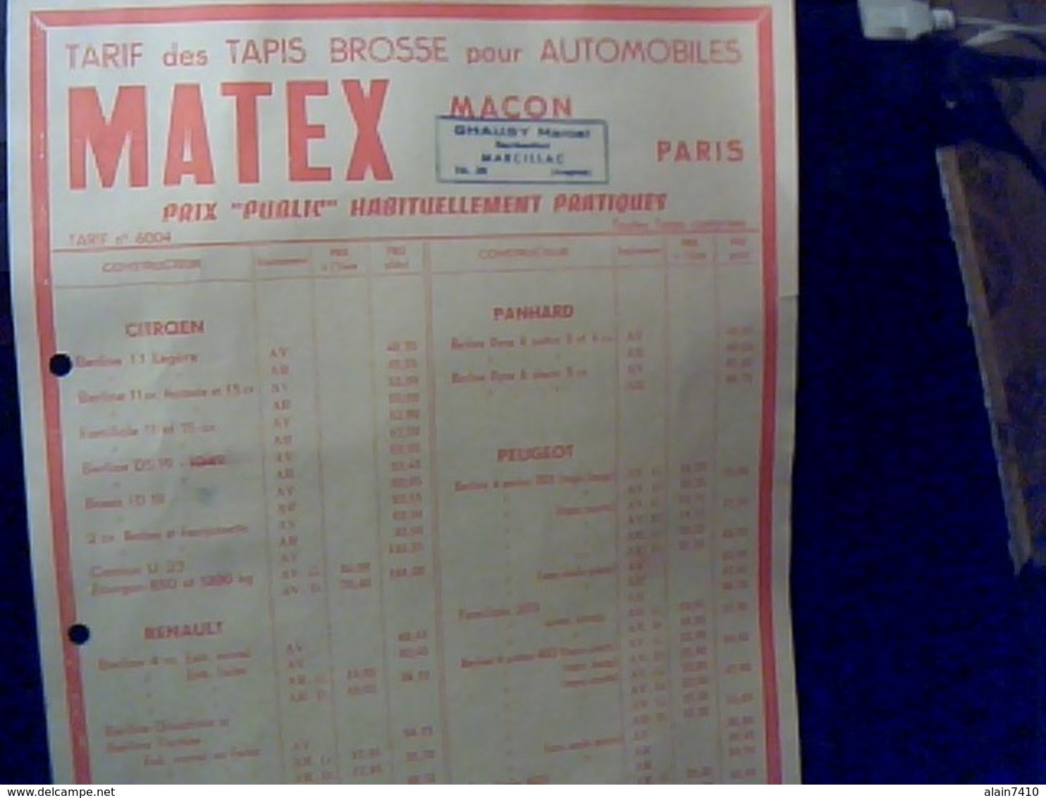 Publicité Tract Tapis Pour Automobiles Peugeot Panhard Citroen Renault MATEX A Macon Annee 60 - 1950 - ...