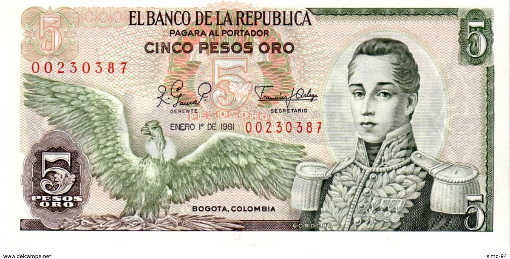 Colombia P.406  5  Pesos 1981 Unc - Colombia