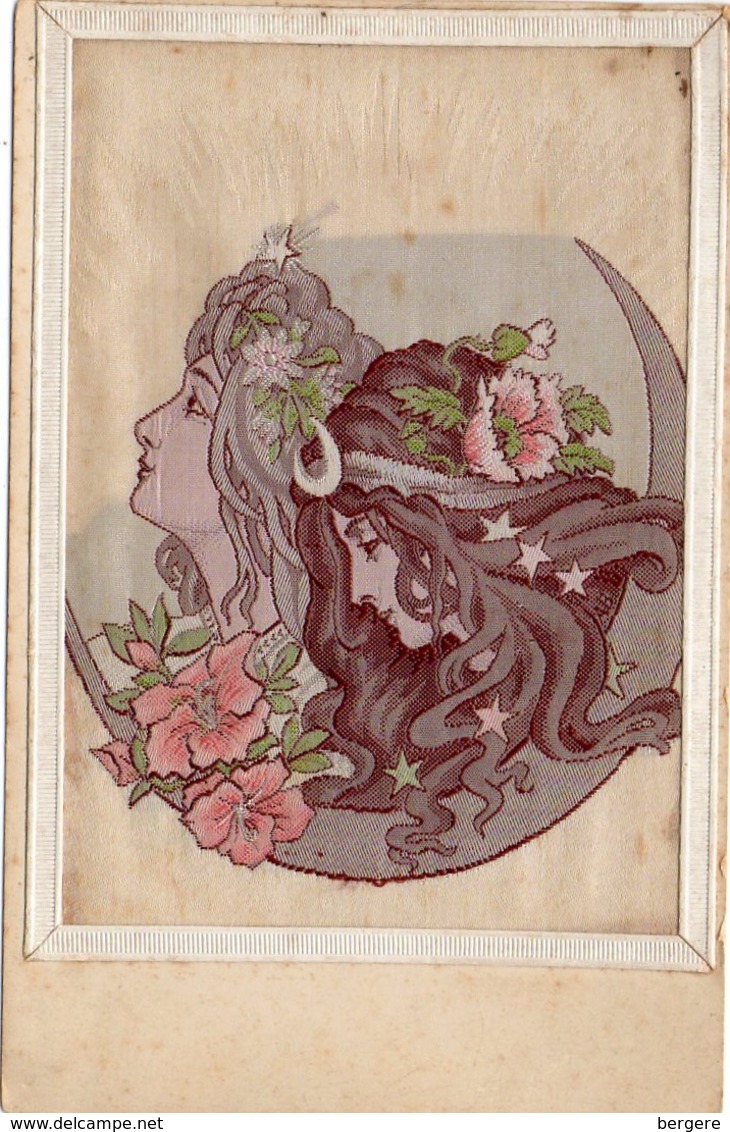 CPA. 2 Têtes De Femmes.  Tissé Sur Soie. Style Mucha. Art Nouveau. Cadre. - Autres & Non Classés