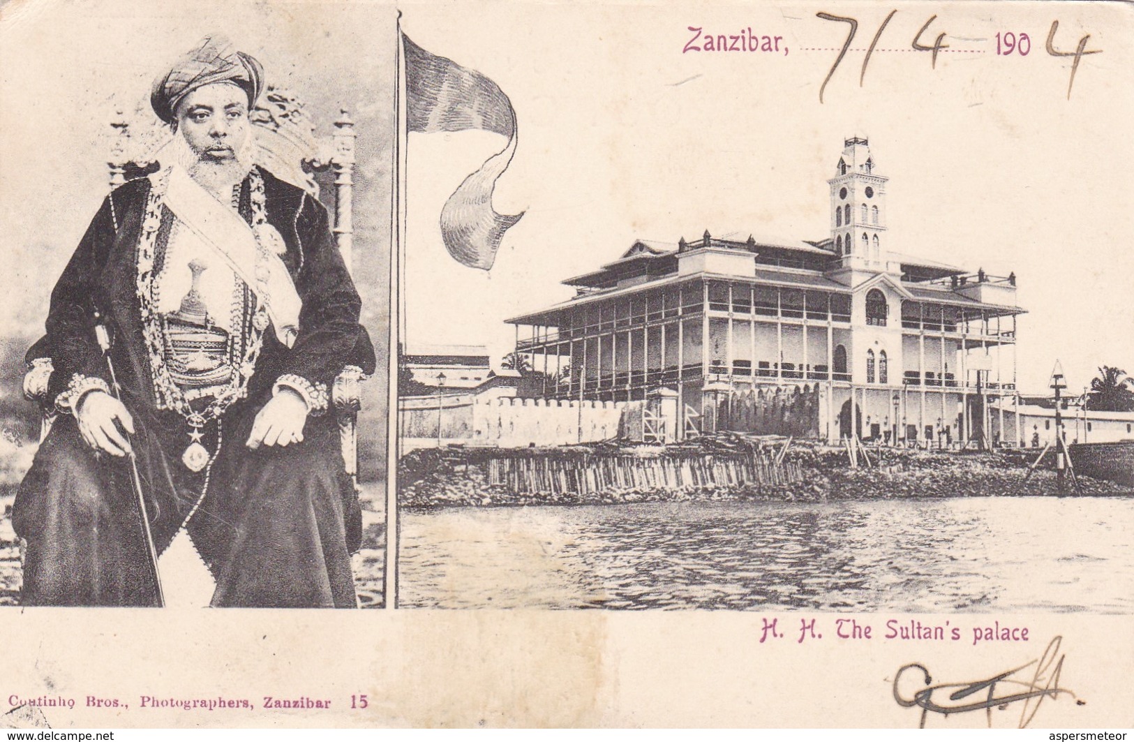 ZANZIBAR. H.H. THE SULTAN's PALACE. COSTINHO BROS. CIRUCULEE 1904, SIGNEE, UNE TIMBRE ARRACHE DE LE FRONT-RARE- BLEUP - Tanzania