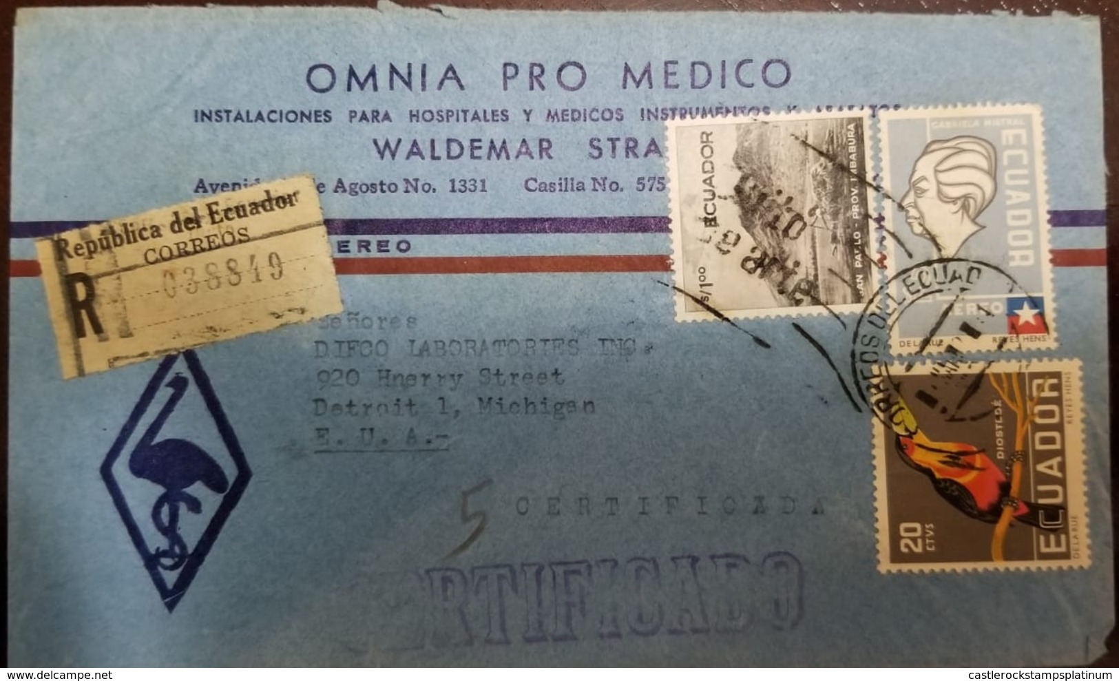 O) 1963 ECUADOR, GABRIELA MISTRAL, TOUCAN -RED BREASTED, SAN PABLO-IMBABURA LAKE, OMNIA PRO MEDICO,CERTIFICATE TO USA - Equateur