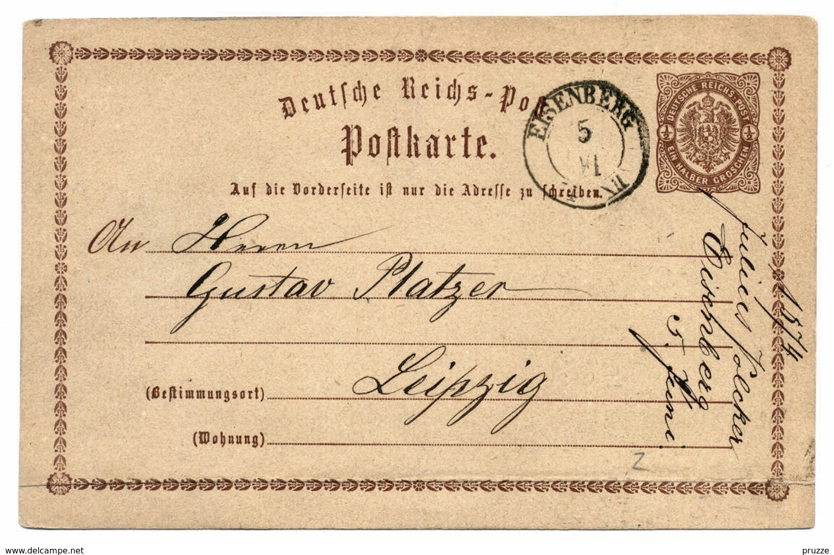 Deutsche Reichs-Post Eisenberg 1874 Nach Leipzig - Cartoline