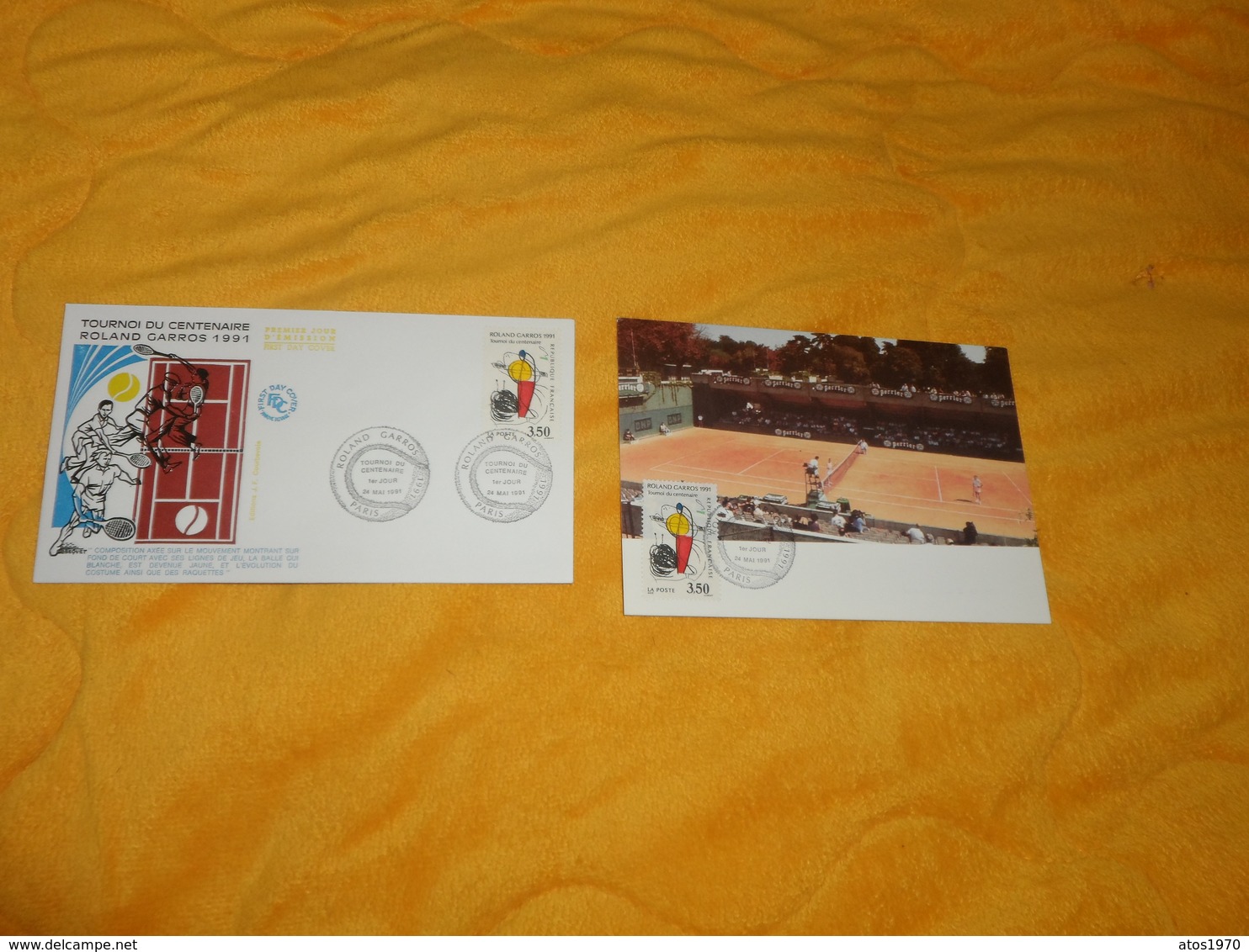 ENVELOPPE FDC + CARTE POSTALE 1ER JOUR DE 1991. / TOURNOI DU CENTENAIRE ROLAND GARROS 1991. PARIS  CACHETS + TIMBRE - 1990-1999