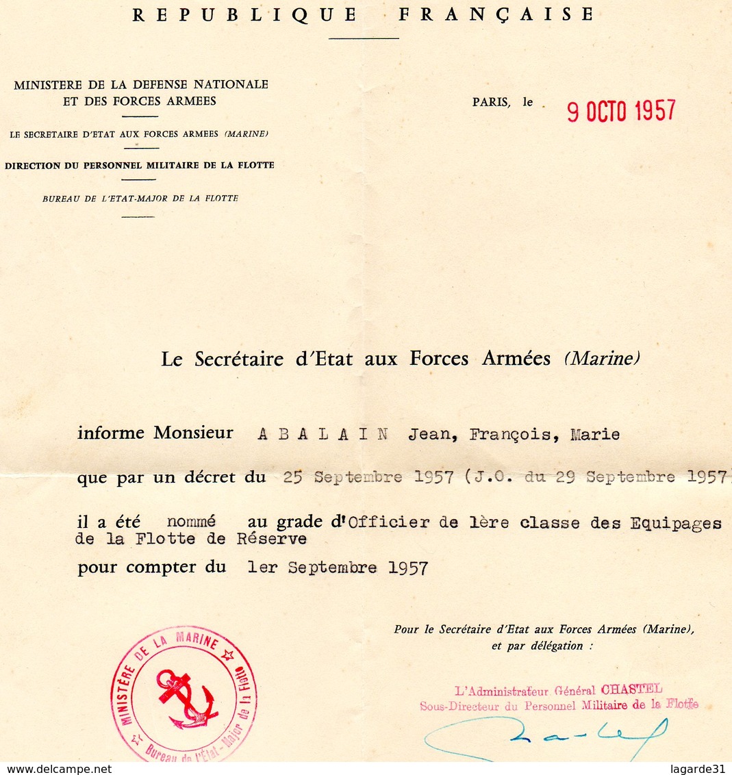 Ministere De La Defense Nationale Et Des Forces Armées Marine - Abalain Officier De 1ere Classe 1957 - Documents Historiques