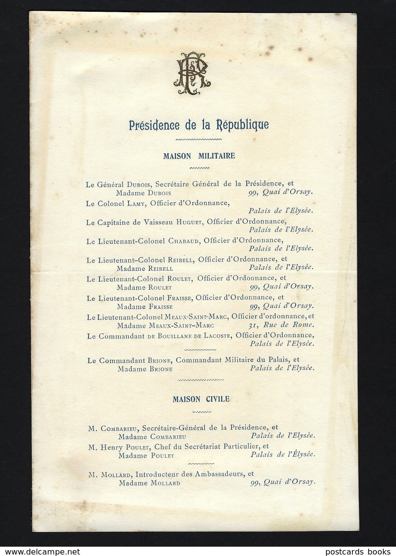 PRESIDENCE De La REPUBLIQUE Maison Militaire / Civile / Senat / Chambre Deputées. Carte 1905 MONOGRAMME DORE En RELIEF - Programmes