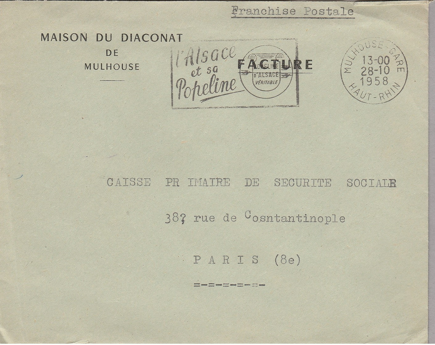 LSC 1958  - Entête Maison Du DIACONAT De MULHOUSE - Flamme "l'Alsace Et Sa Popeline" - Sellados Mecánicos (Publicitario)