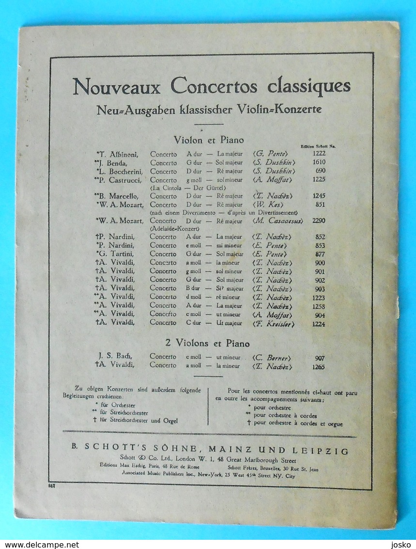 VIVALDI-NACHEZ ... CONCERTO ( Violon Et Piano ) Classical Music * Edition Schott No 902 * Musique Classique Musik Musica - V-Z