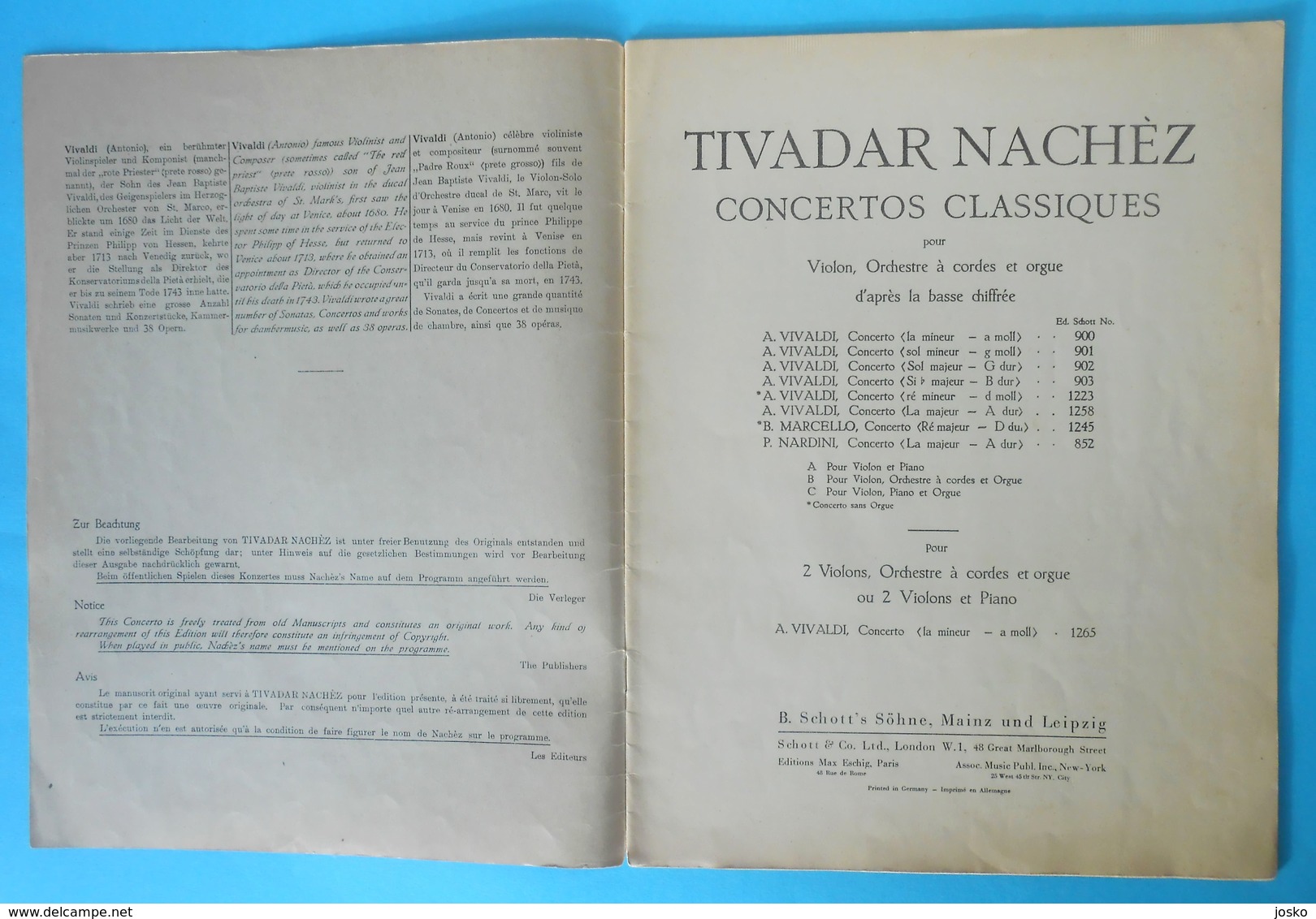 VIVALDI-NACHEZ ... CONCERTO (Violine Und Piano) Classical Music * Edition Schott No 901 * Musique Classique Musik Musica - V-Z