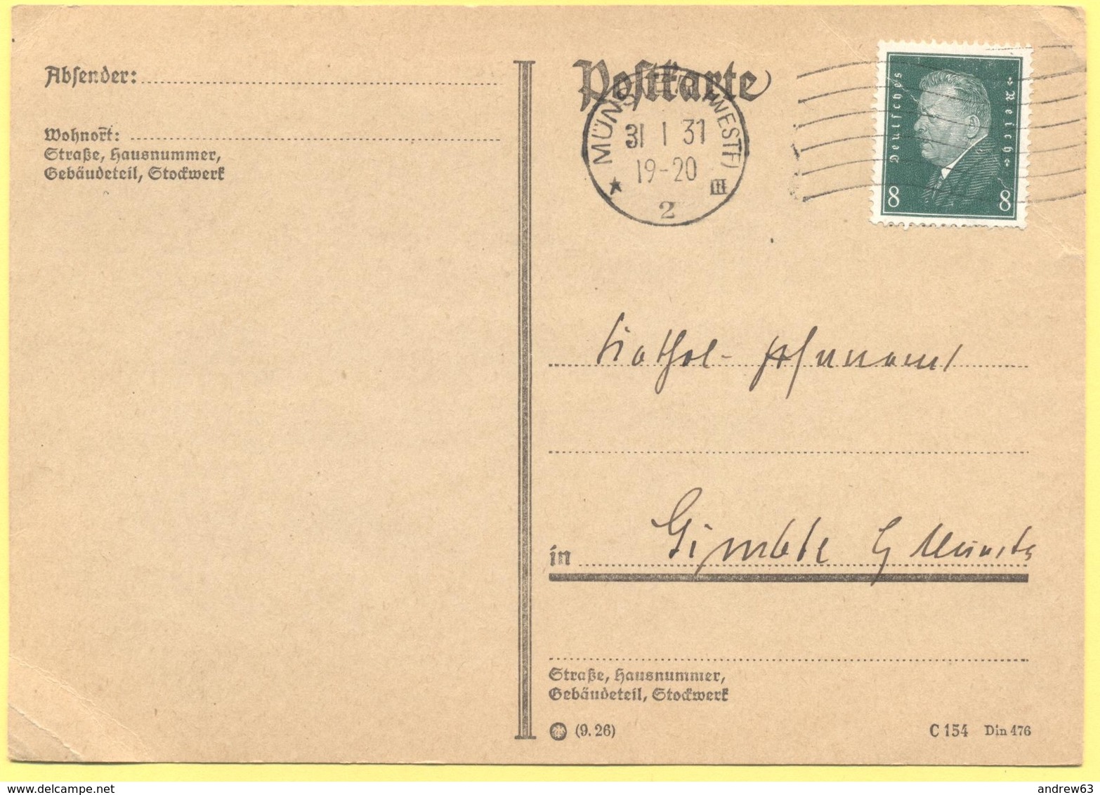 Deutsches Reich - 1931 - 8 - Postkarte - Viaggiata Da Münster Per Gimbte - Briefe U. Dokumente