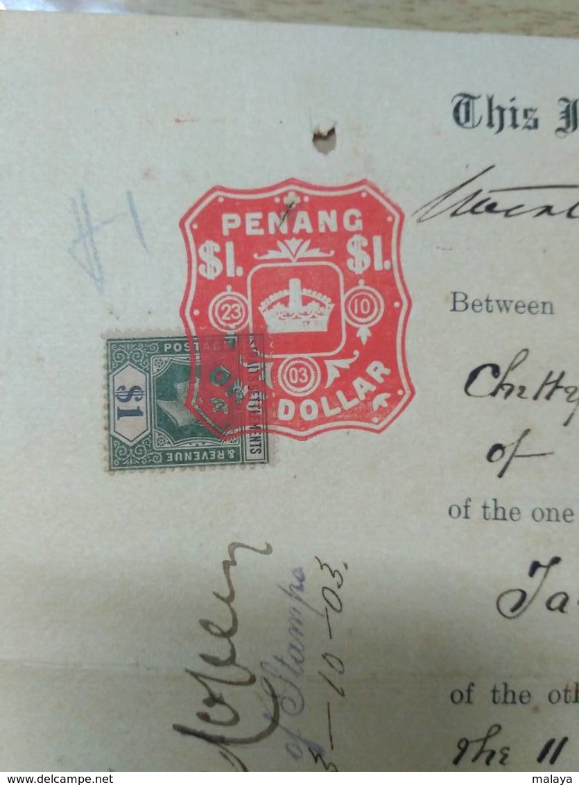 Malaysia Malaya 1903 Penang Straits King Edward VII RARE DOCUMENT Stamp $1 Seal - Malaysia (1964-...)