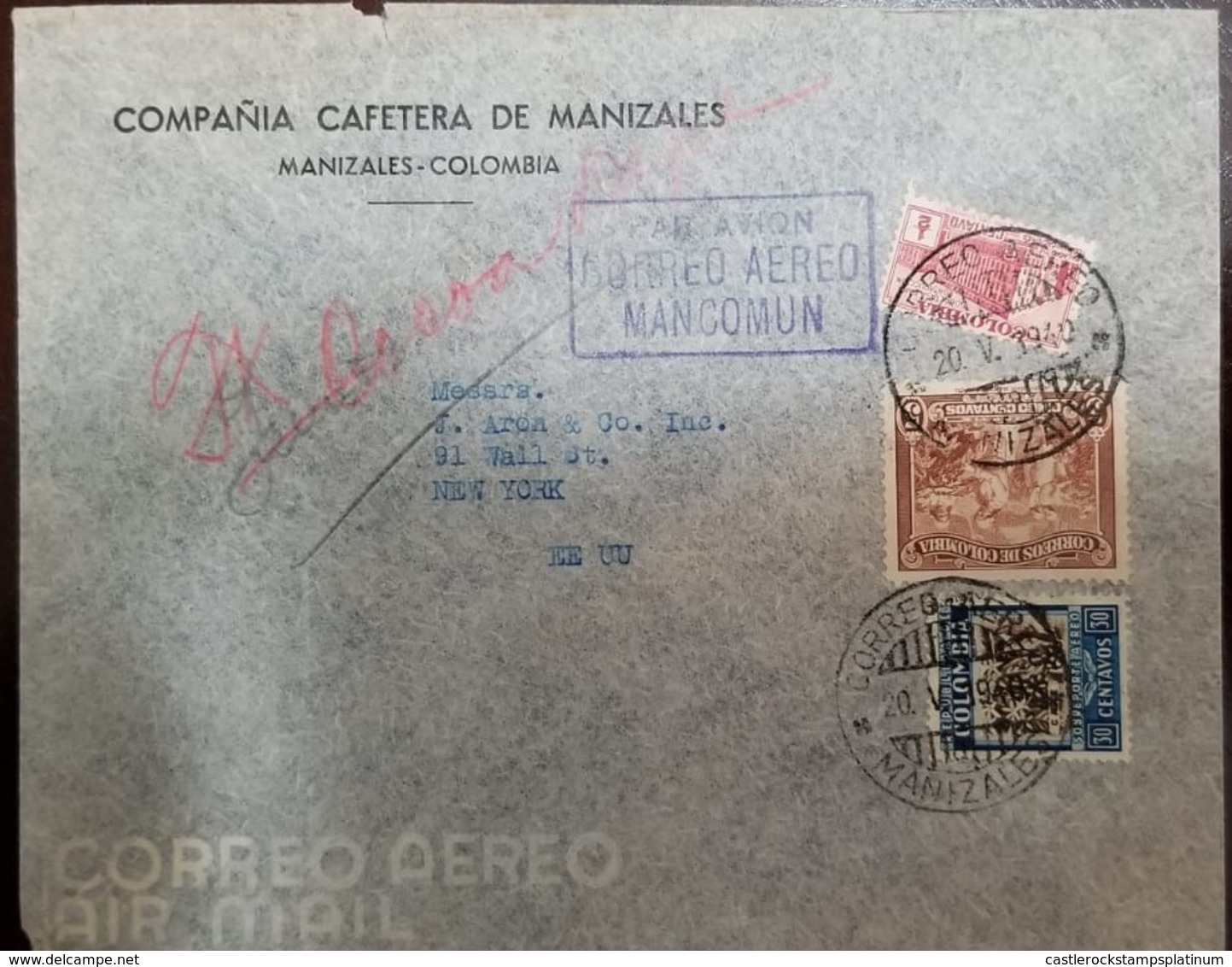 O) 1940 COLOMBIA, COFFEE PICKING 5c Brown, COFFEE PLANT 30c, COMMUNICATIONS PALACE 1/2c, CORREO AEREO MANCOMUN, COMPAÑIA - Colombie