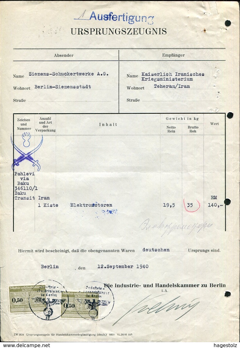 Germany-USSR-Iran 1940 Berlin Chamber Of Commerce Local Revenue 0,50 RM Industrie Und Handelskammer Fiscal Tax Document - Documentos Históricos