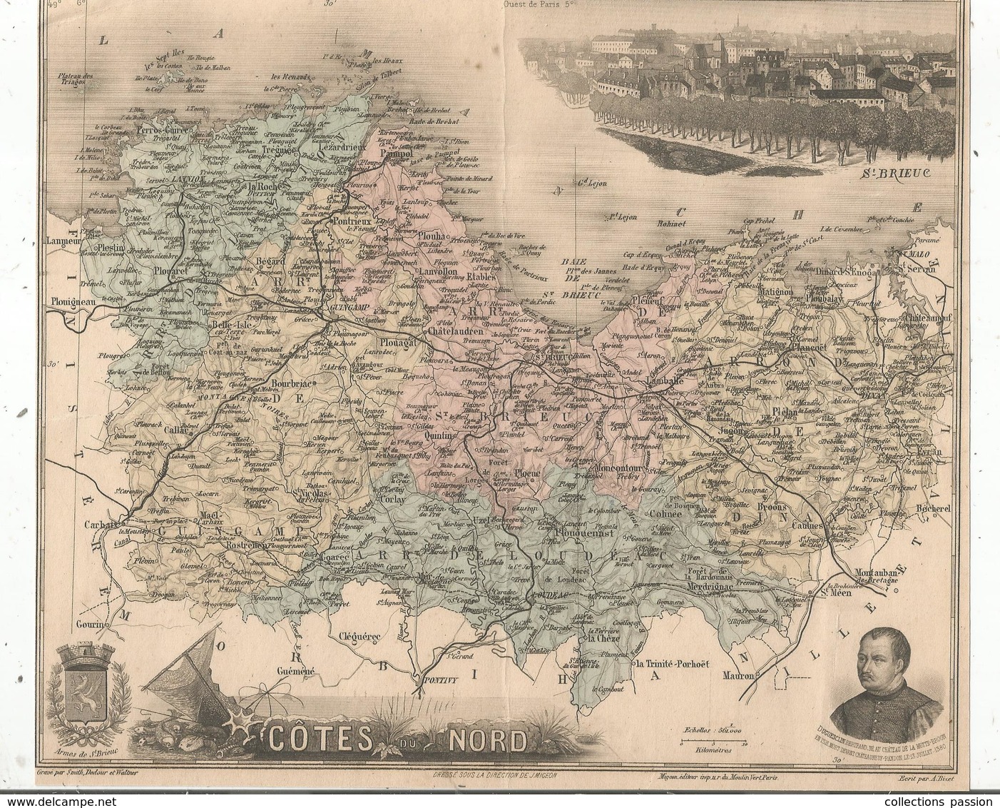 Carte Géographique Côtes Du Nord , Gravé Par Smith, Dadour Et Waltner , Migeon éditeur , St Brieuc , Frais Fr 1.65 E - Geographical Maps