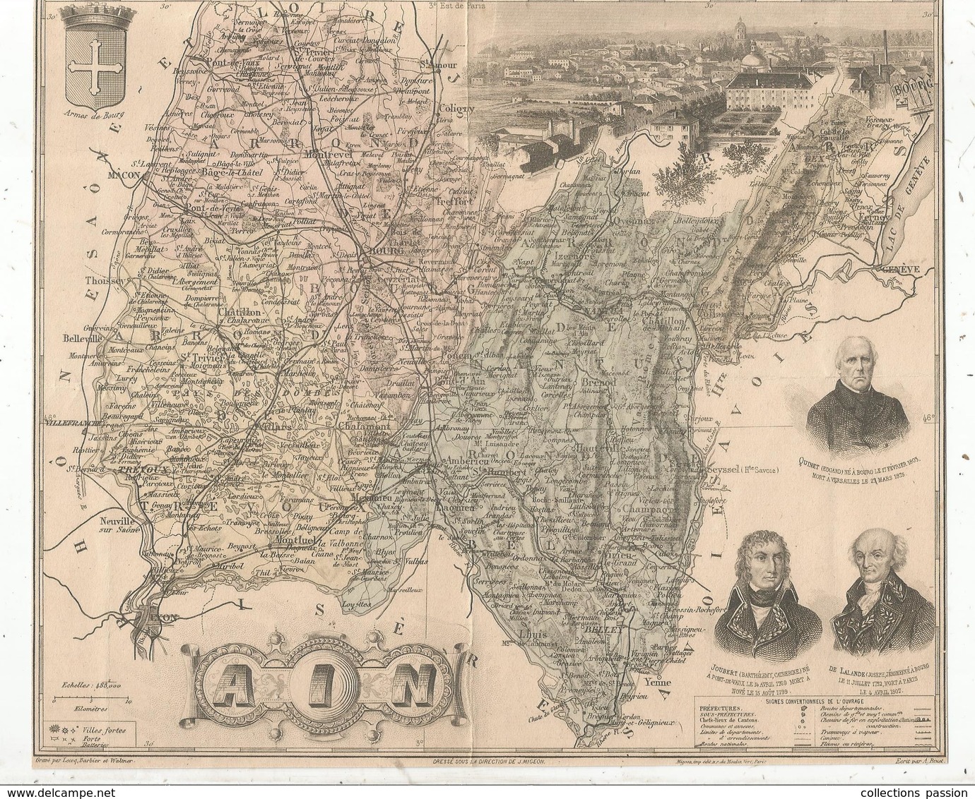 Carte Géographique AIN, Gravé Par Lecocq, Barbier Et Waltner , Migeon éditeur , BOURG , Frais Fr 1.65 E - Geographical Maps