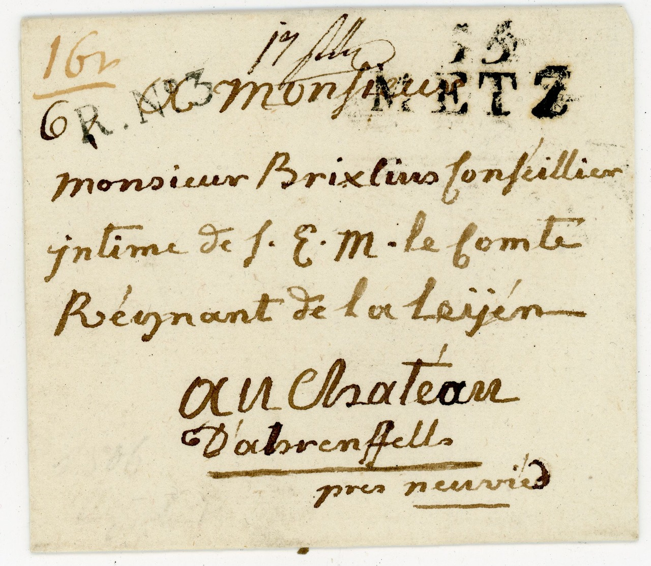 "55 METZ" + R. No. 3 Schöner Kleinformatiger Brief Ins Chateau Dahrenffella über Neuwied - 1801-1848: Vorläufer XIX