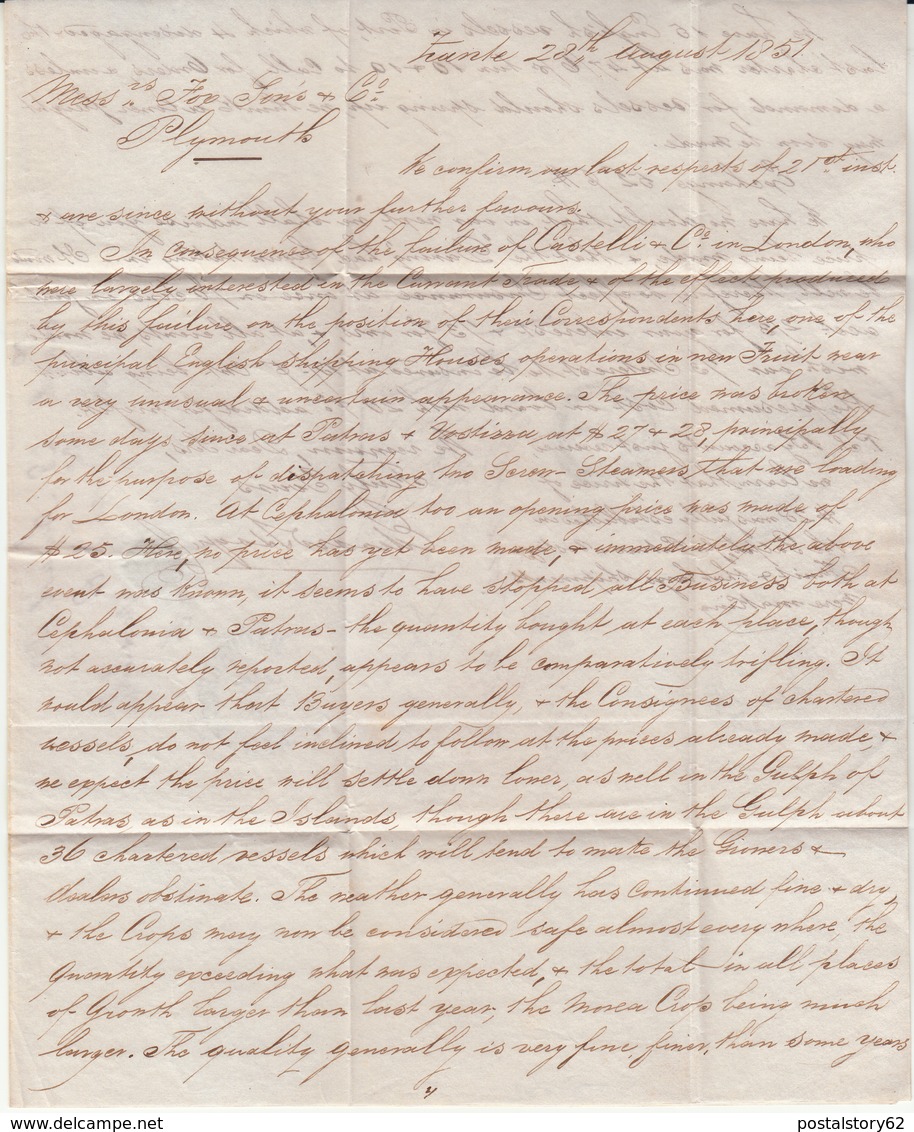 Zante, Isole Ionie Per Plymouth. Gran Bretagna. Transito A Trieste, Lettera Con Contenuto 21 Agosto 1851 - ...-1861 Vorphilatelie