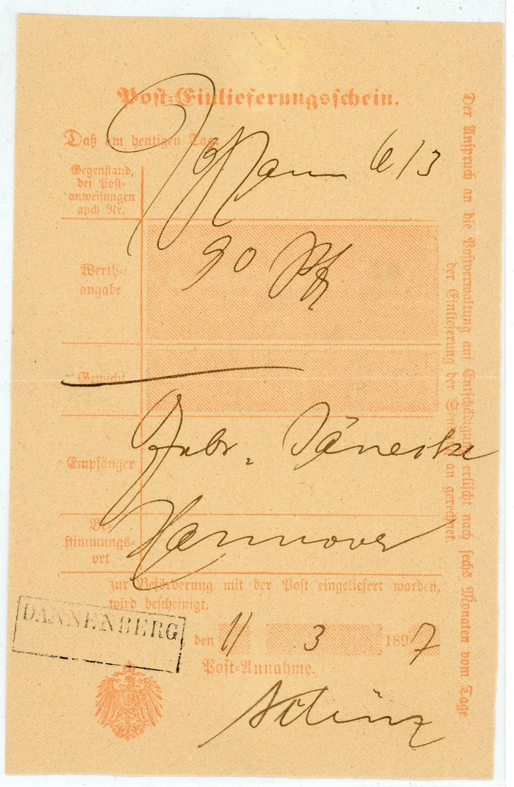 "DANNENBERG" Aptierter Rahmenstempel 1887 Postschein Einer Wertsendung Nach Hannover - Brieven En Documenten