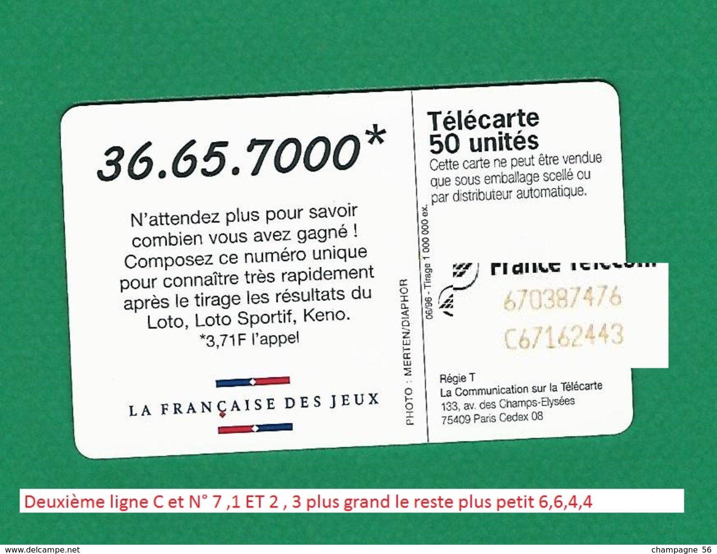 VARIÉTÉS FRANCE TÉLÉCARTE 06 / 96 F666  980 SC7 FRANÇAISE DES JEUX   50 UNITÉ   UTILISÉE - Variëteiten