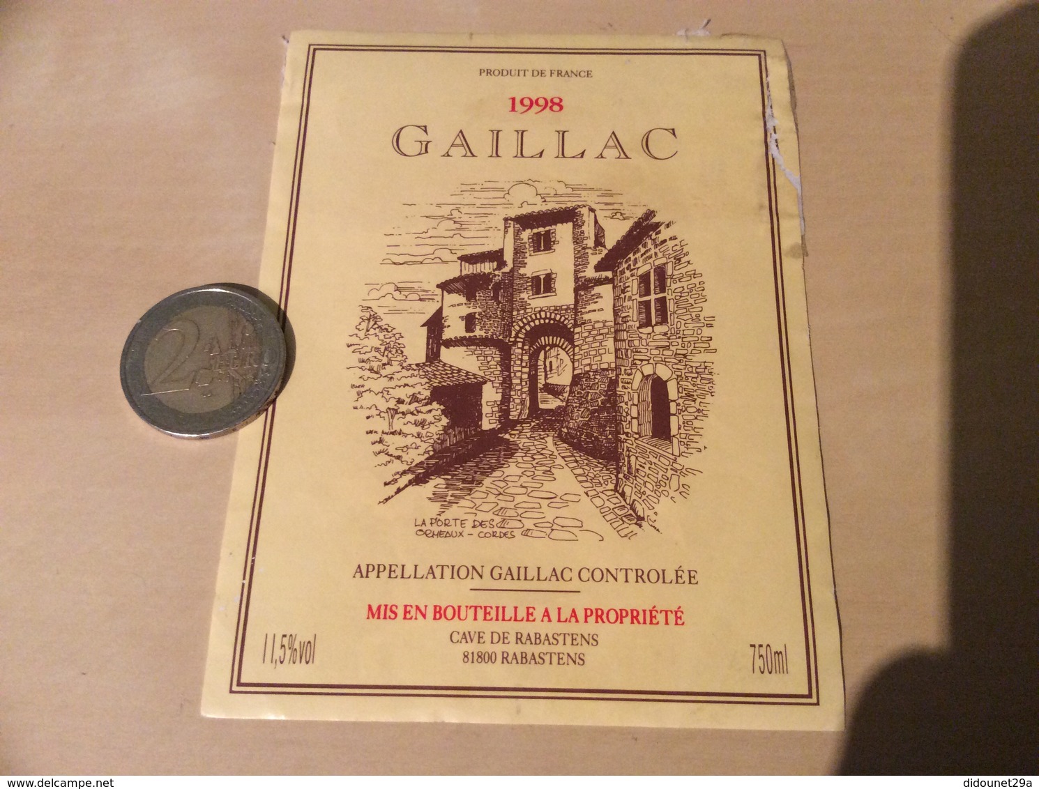 Etiquette De Vin 1998 «GAILLAC - LA PORTE DES ORMEAUX-CORDES - CAVE DE RABASTENS (81)» - Gaillac