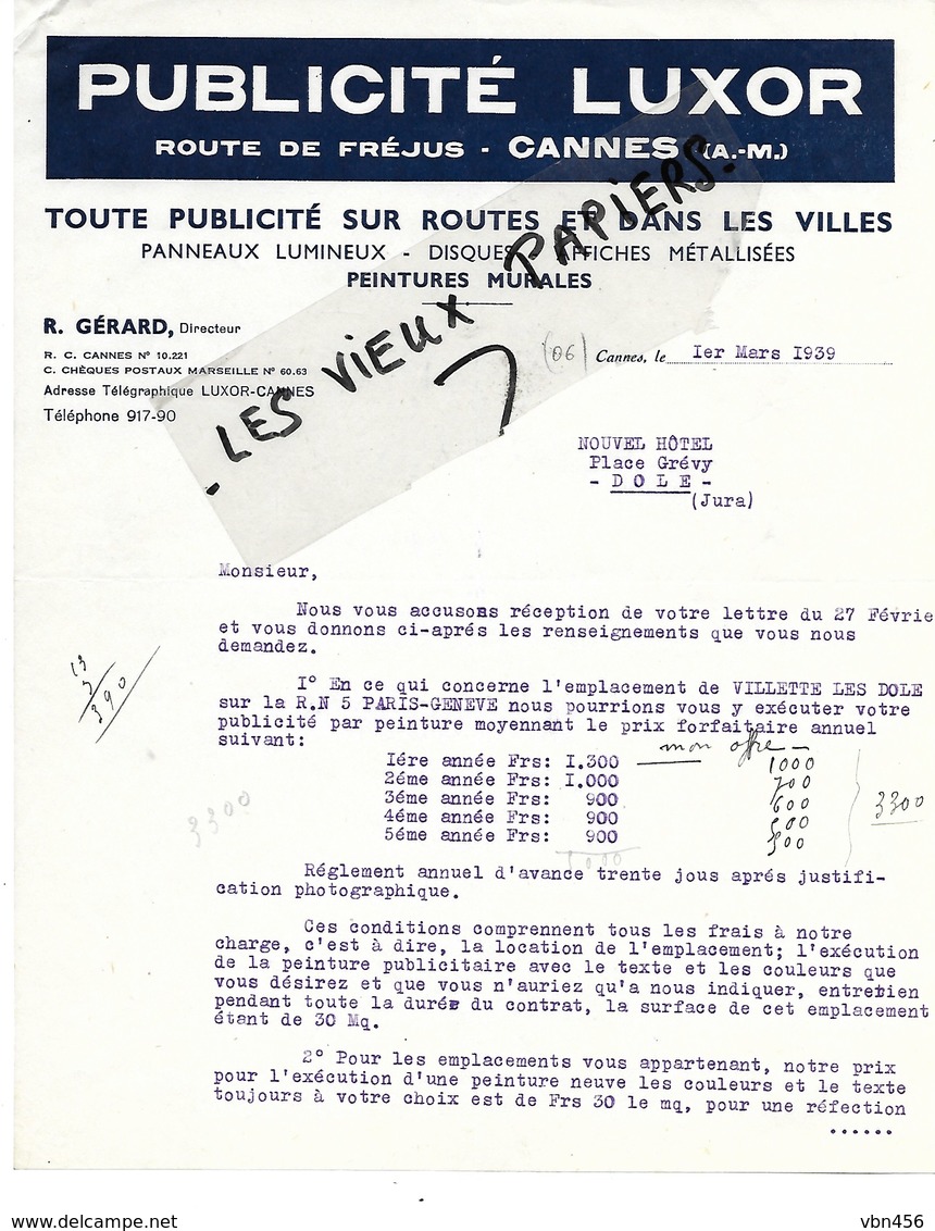 06 - Alpes-maritime - CANNES - Facture GERARD - Publicité LUXOR - 1939 - REF 113A - 1900 – 1949