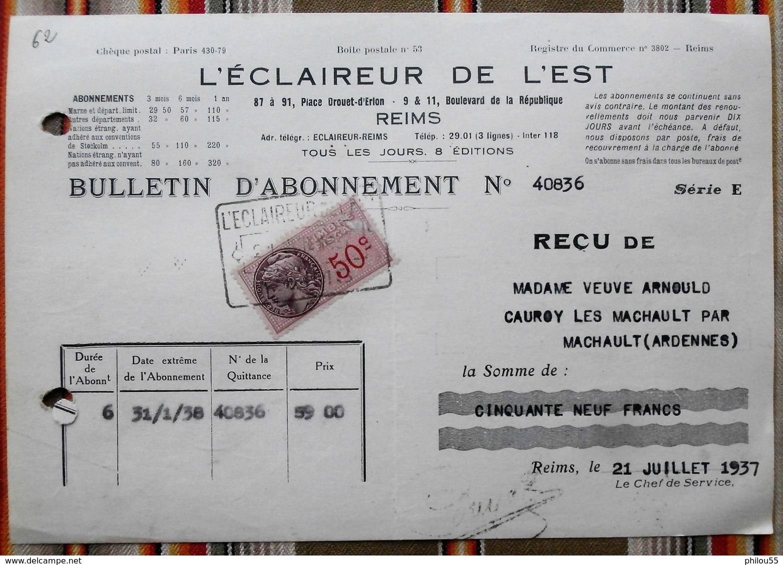 Lot De 2 51 REIMS "L'ECLAIREUR DE L'EST"  1937  08 Cauroy Les Machault, Timbres Fiscaux - Imprimerie & Papeterie