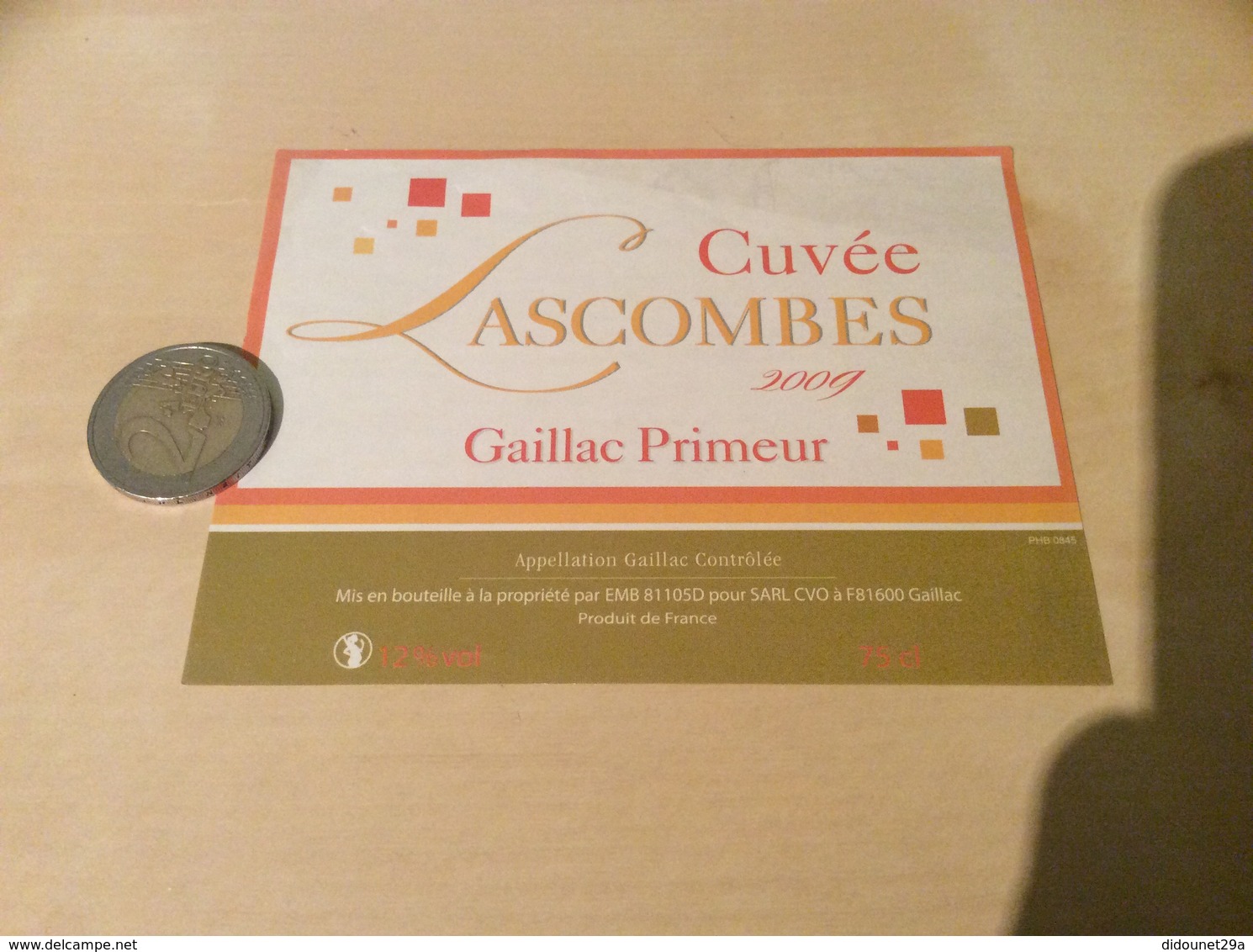 Etiquette De Vin 2009 Type 1 «GAILLAC PRIMEUR -Cuvée LASCOMBES - SARL CVO - Gaillac (81)» - Gaillac